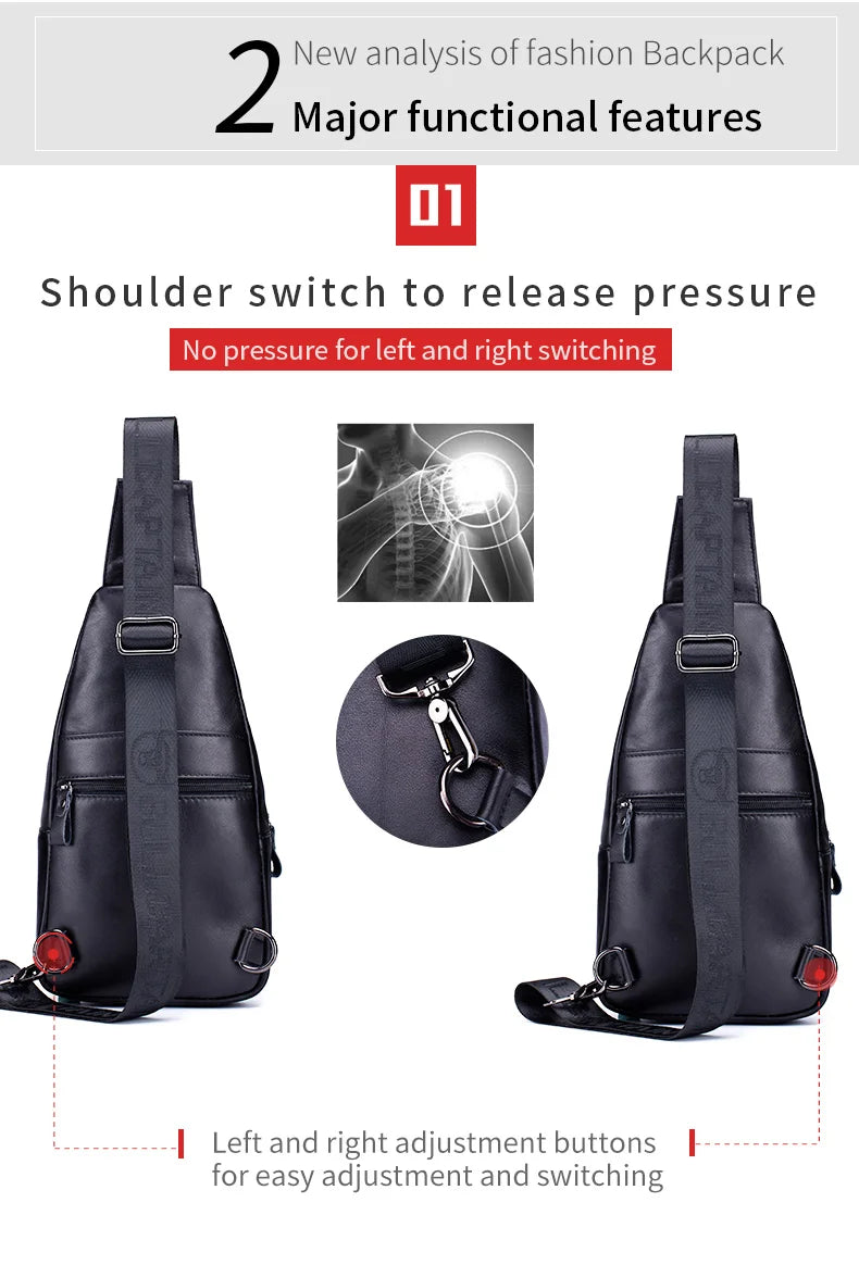 Black leather backpack showing shoulder switch and adjustment buttons for pressure release