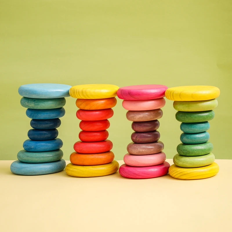 Wooden Rainbow Stacking Stones - Montessori Balancing Blocks for Kids