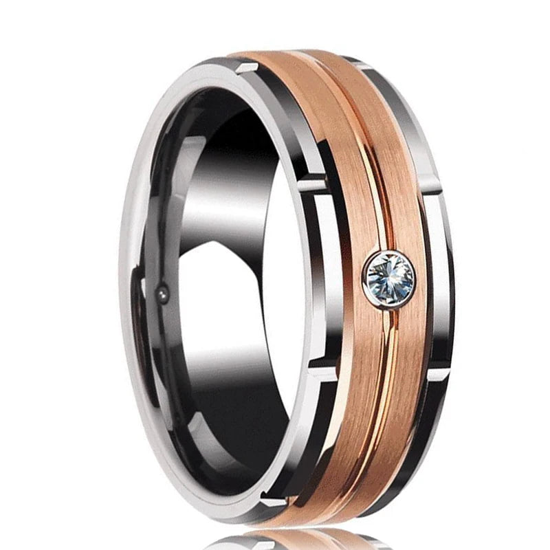 Men's Black Stainless Steel Wedding Band with Double Groove Detail