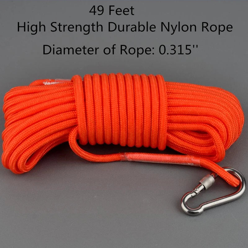 A coil of bright orange 49 feet high strength durable nylon rope with a metal hook attached.