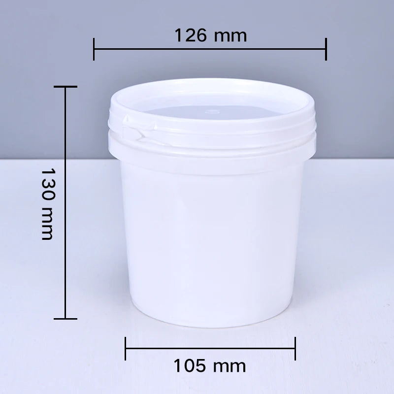 White plastic storage bucket with a sealed lid, shown from above.