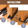 Three steps showing the installation of a flexible door bottom sealing strip on a wooden door frame.