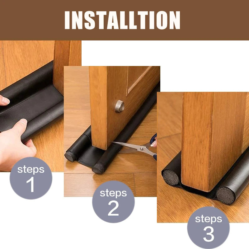 Three steps showing the installation of a flexible door bottom sealing strip on a wooden door frame.