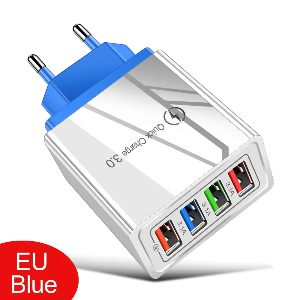 Blauer Wandadapter mit vier USB-Anschlüssen zum schnellen Laden, EU Blue.