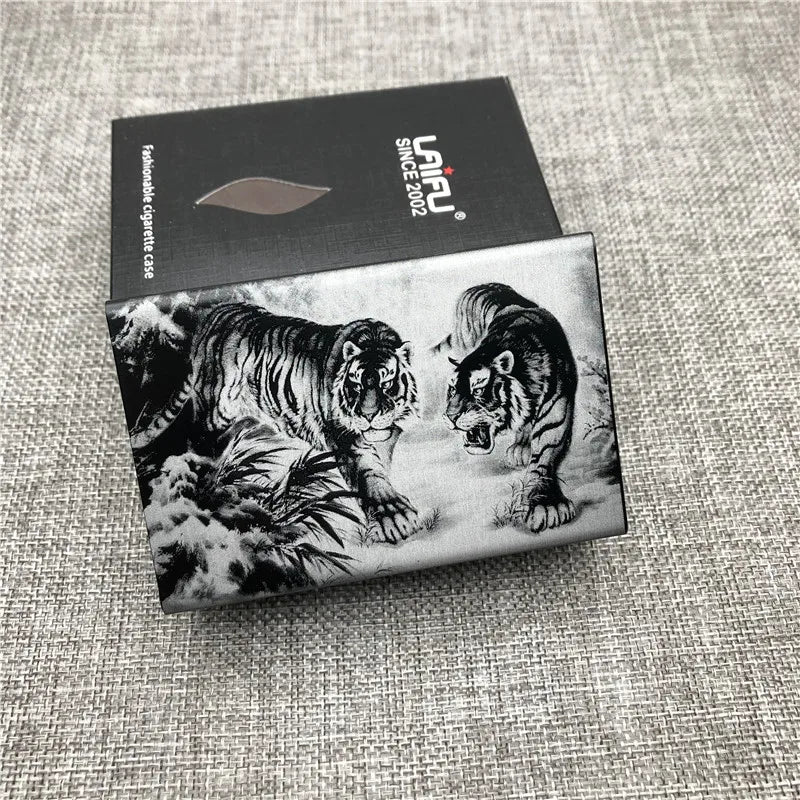 Ultra-Slim Aluminum Cigarette Case with Laser-Engraved Wolf Design