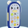 A blue musical teether phone toy shaped like a bear, featuring rounded corners and buttons for sounds and lights.