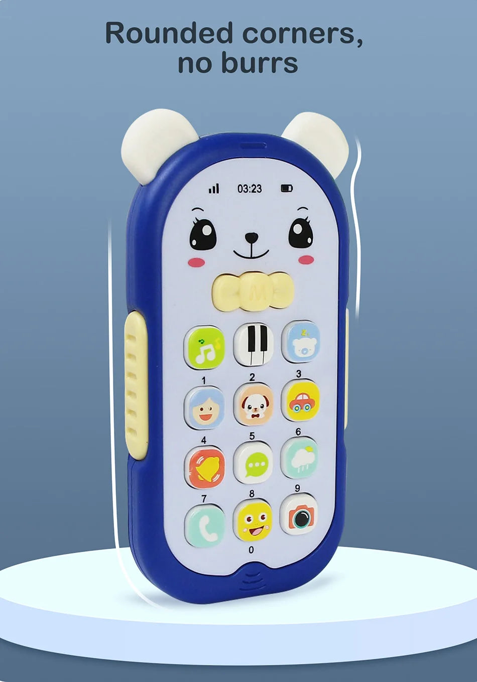 A blue musical teether phone toy shaped like a bear, featuring rounded corners and buttons for sounds and lights.