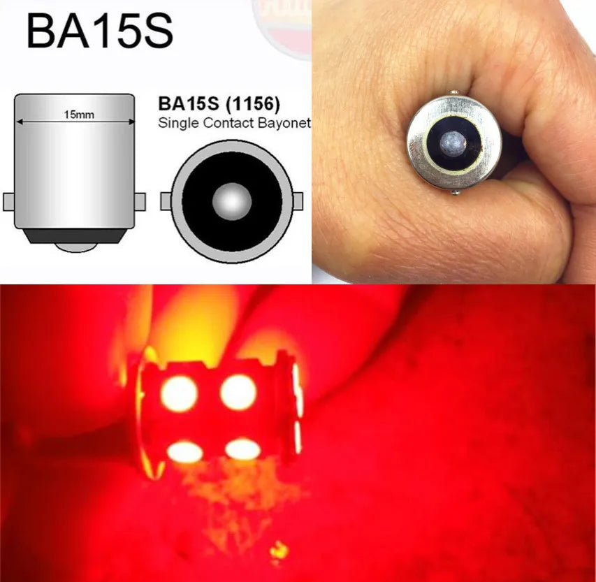 A close-up of a BA15S light bulb and its application in a vehicle's turn signal or reverse light.