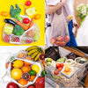 Two organic cotton mesh produce bags filled with colorful fruits and vegetables like tomatoes, oranges, and greens.