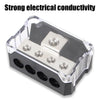 A clear and black electrical distribution block with four holes for power connections.