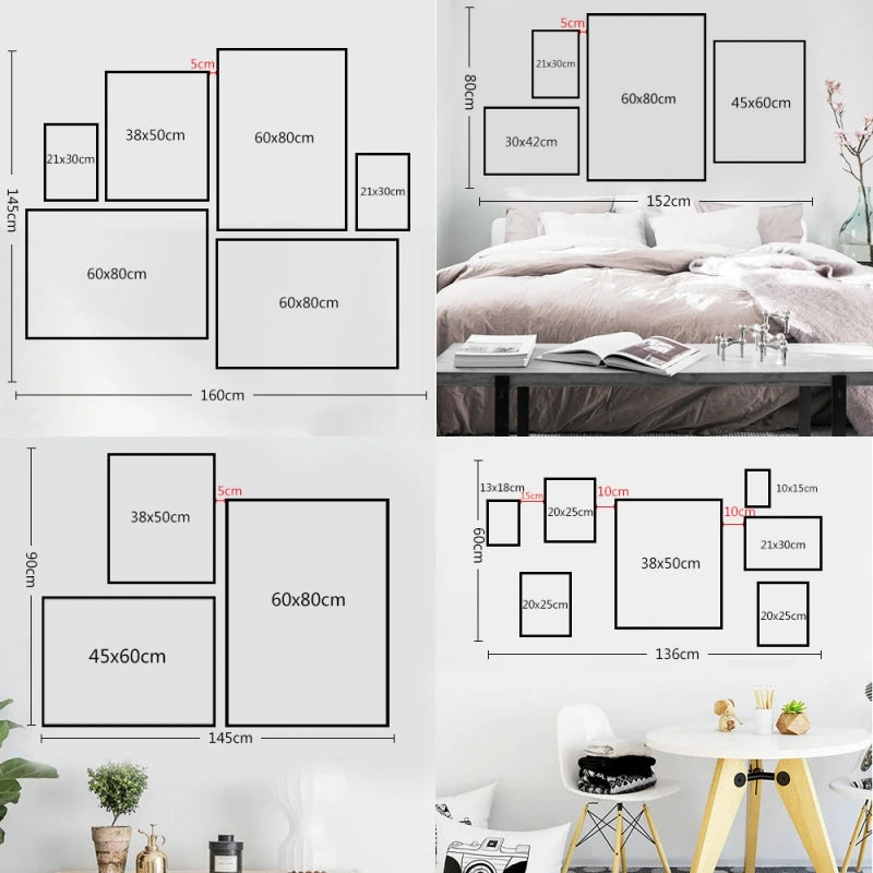A set of various sized canvas prints featuring album art designs displayed against a white wall.