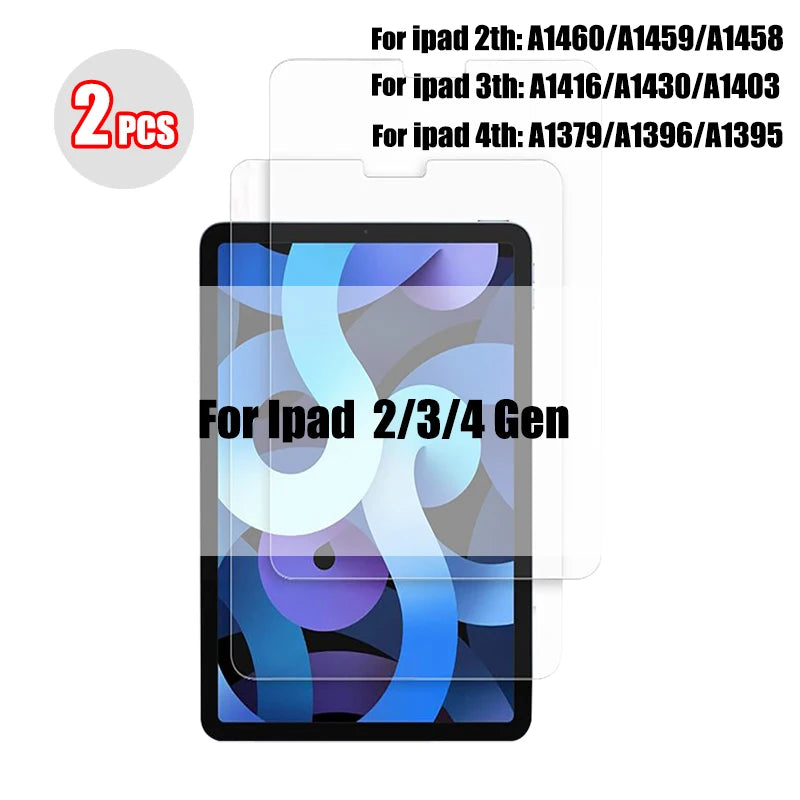A set of two tempered glass screen protectors for various iPad generations, including 2nd, 3rd, and 4th generation models.