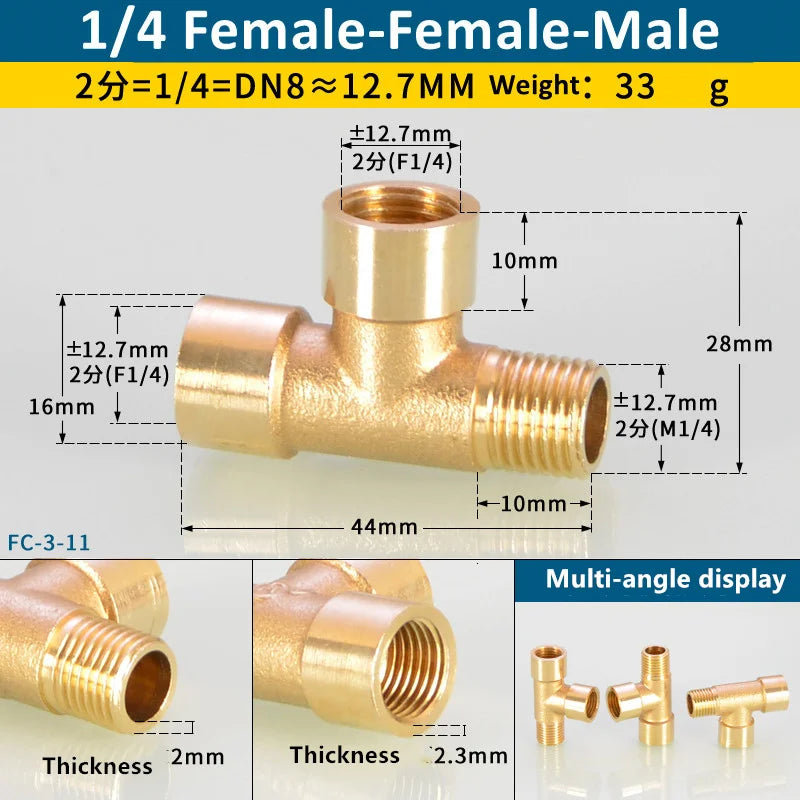 Brass BSP tee pipe fitting with female-female-male connections and various sizes