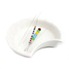 A set of stainless steel beading needles with colorful beads displayed on a white dish.