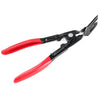 A pair of red and black trim clip removal pliers used for auto upholstery and panel work.