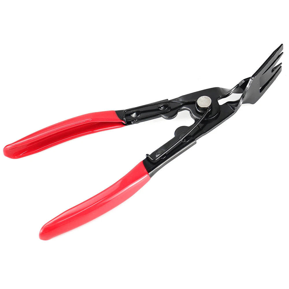 A pair of red and black trim clip removal pliers used for auto upholstery and panel work.
