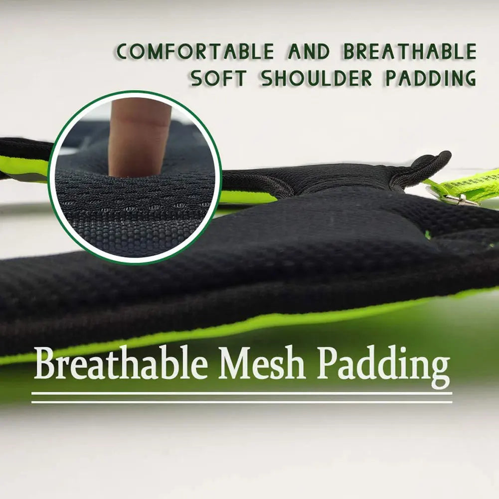Close-up of black mesh shoulder padding on a tool belt with fluorescent green accents.