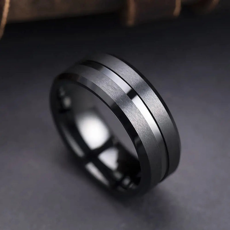 Men's Black Stainless Steel Wedding Band with Double Groove Detail