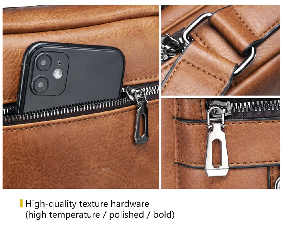 Nahaufnahme einer braunen Kunstleder-Crossbody-Tasche mit Textur, Hardware und einem Smartphone darin.