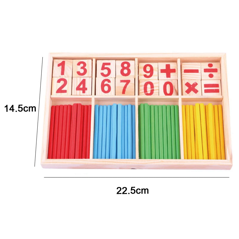 A wooden Montessori puzzle set featuring number cards and colored rods for toddlers.