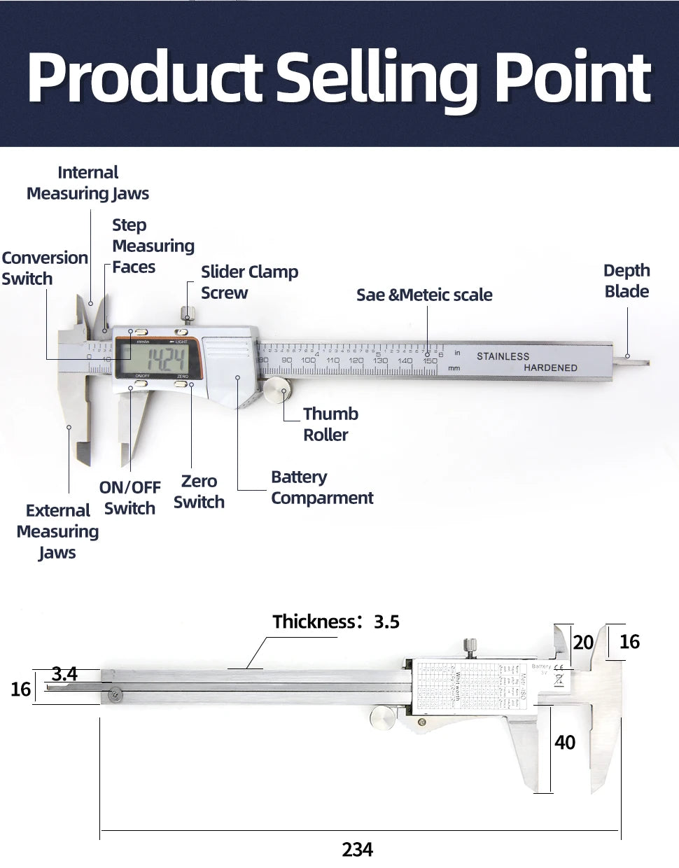 Stainless Steel Digital Caliper with LCD Display