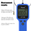 A blue digital engine oil and brake fluid quality tester displays 100.0% and provides measurements for brake oil condition.