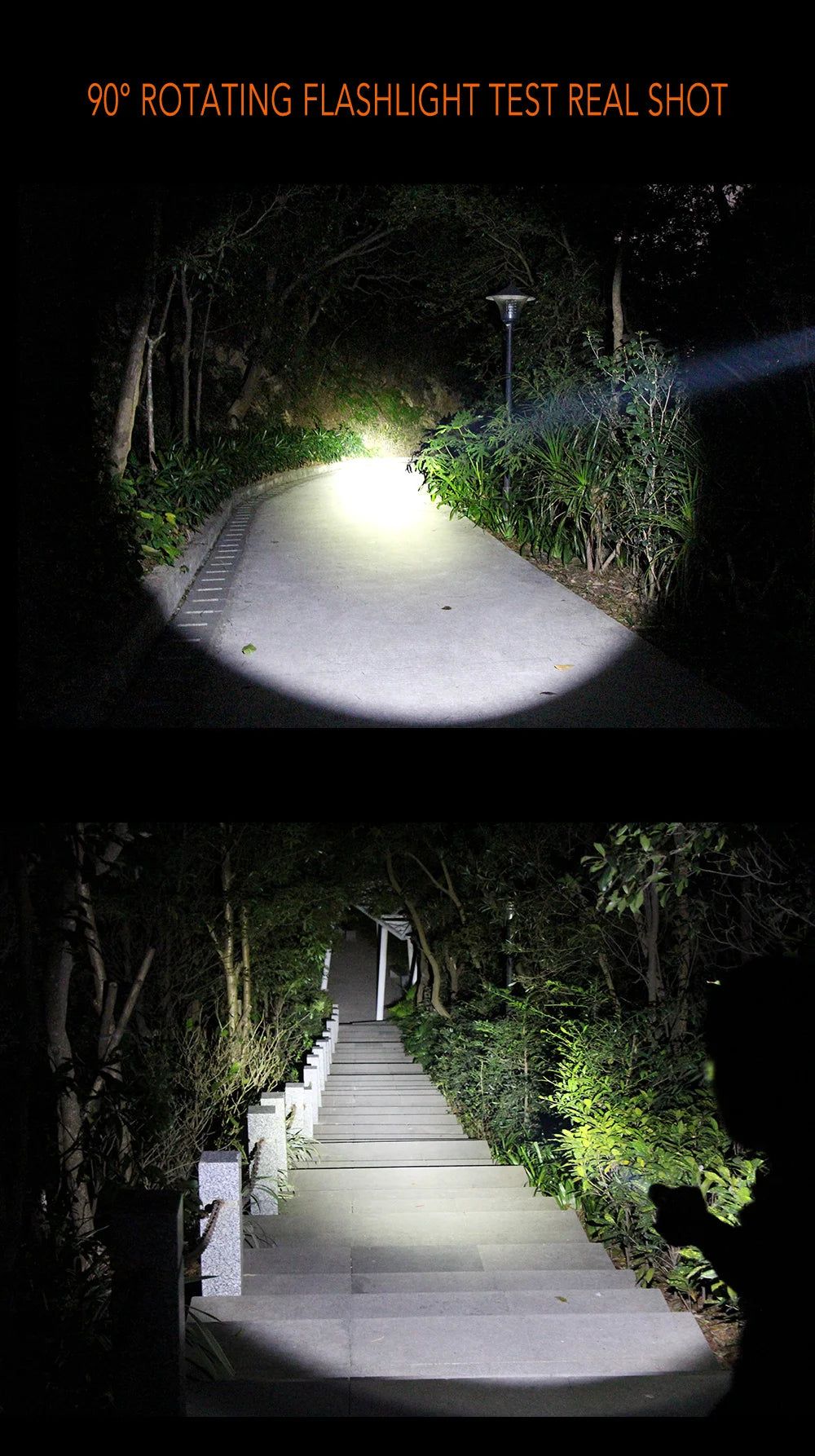 A 90° rotating flashlight beam illuminates a pathway at night, demonstrating its light performance.