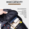 A black leather chest bag is shown open, demonstrating multi-level storage for various items like a phone, water bottle, and 