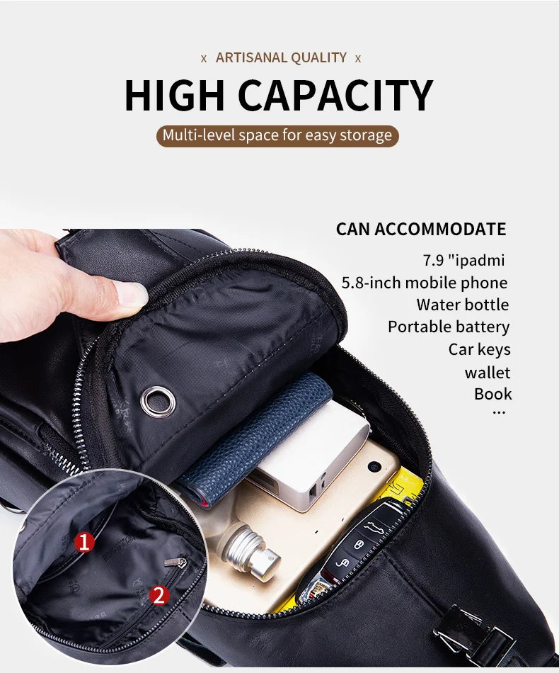 A black leather chest bag is shown open, demonstrating multi-level storage for various items like a phone, water bottle, and 