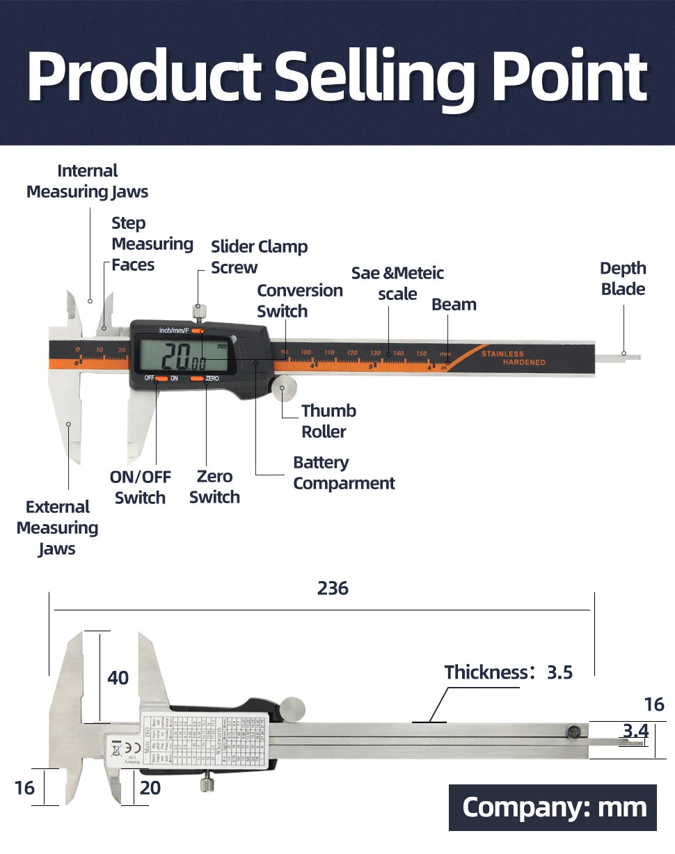 Stainless Steel Digital Caliper with LCD Display