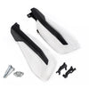A pair of black and white motorcycle handguards with aluminum alloy mounts.