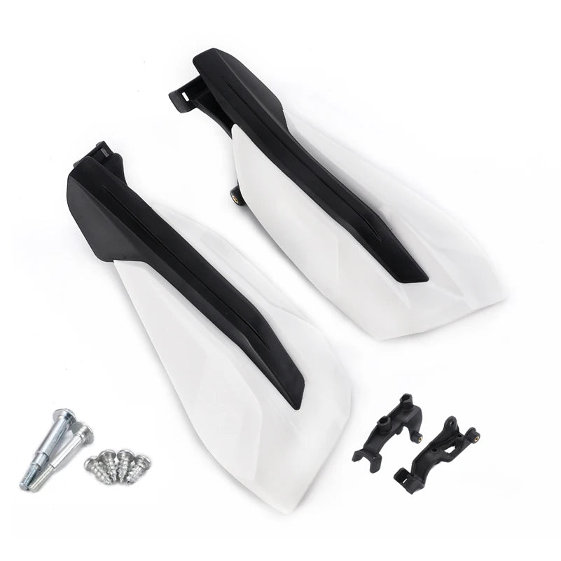 A pair of black and white motorcycle handguards with aluminum alloy mounts.