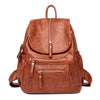 A brown vintage faux leather women's backpack with multiple zippered compartments.