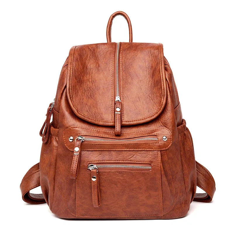 A brown vintage faux leather women's backpack with multiple zippered compartments.