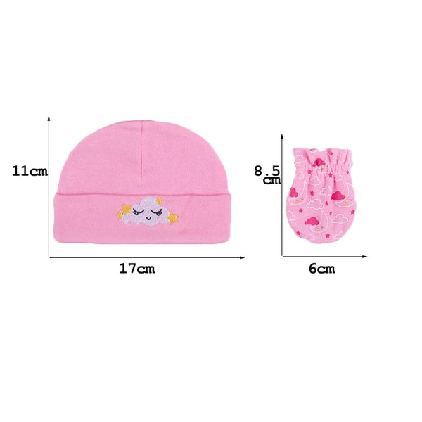Pink soft cotton baby hat with a cloud design and matching pink baby mitts
