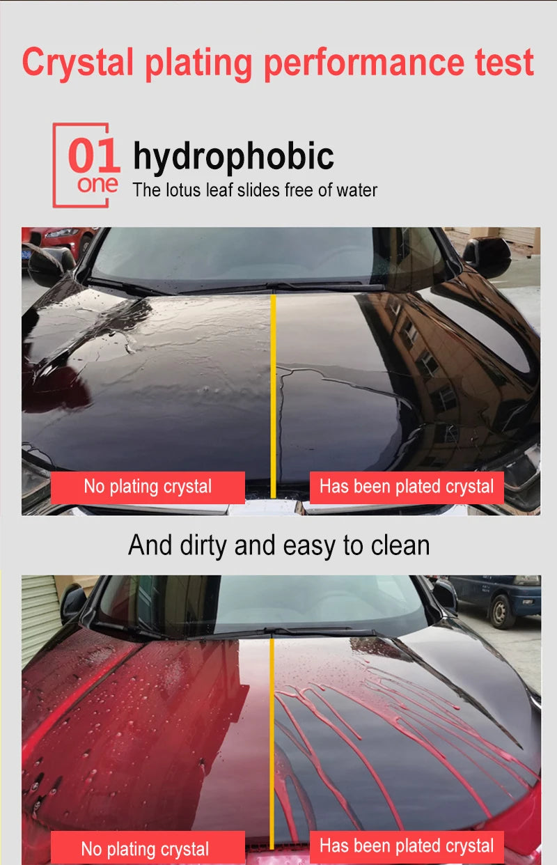 Comparison showing a car's surface before and after crystal plating for hydrophobicity test.