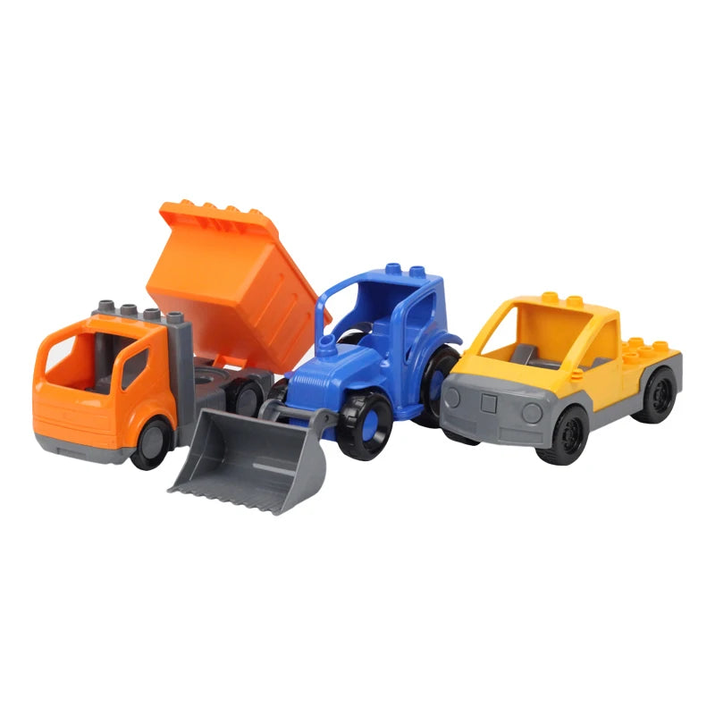 A set of orange and blue city rescue vehicles building blocks with traffic signs.