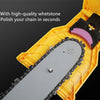 A portable chainsaw sharpener with a whetstone is shown inside its yellow casing, ready to polish a chain.