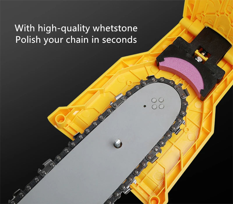 A portable chainsaw sharpener with a whetstone is shown inside its yellow casing, ready to polish a chain.