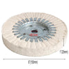 A circular sanding or buffing wheel with a light beige body and metal teeth, measuring 6 inches in diameter.