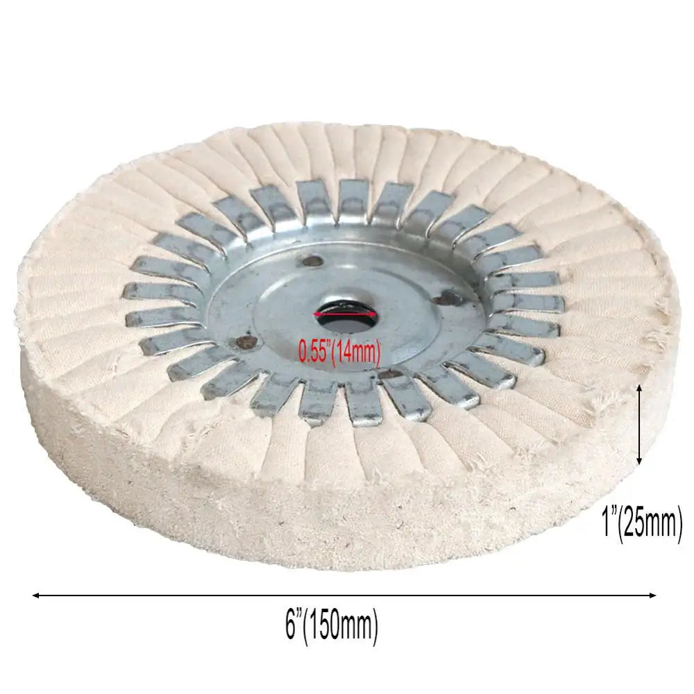 A circular sanding or buffing wheel with a light beige body and metal teeth, measuring 6 inches in diameter.