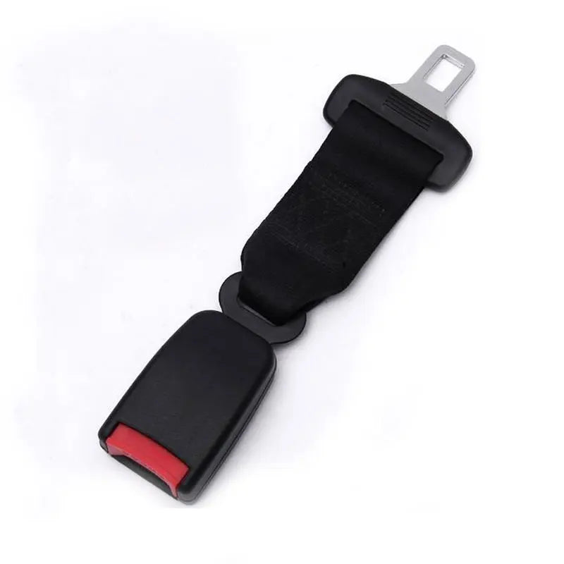 Black seat belt extender with a metal buckle clip for lengthening car seatbelts