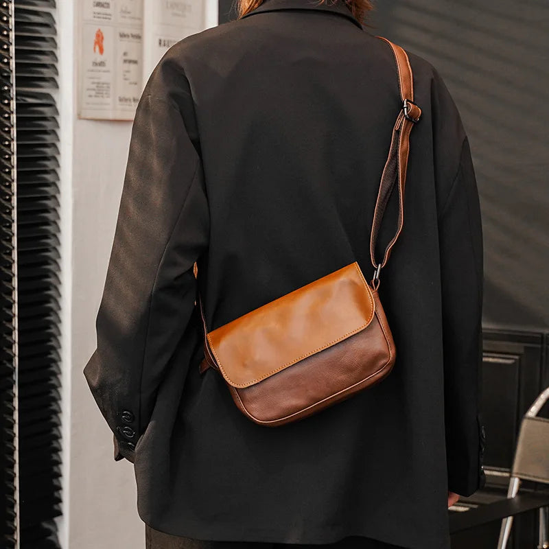 Vintage Leather Crossbody Bag for Men – Compact Messenger Shoulder Bag