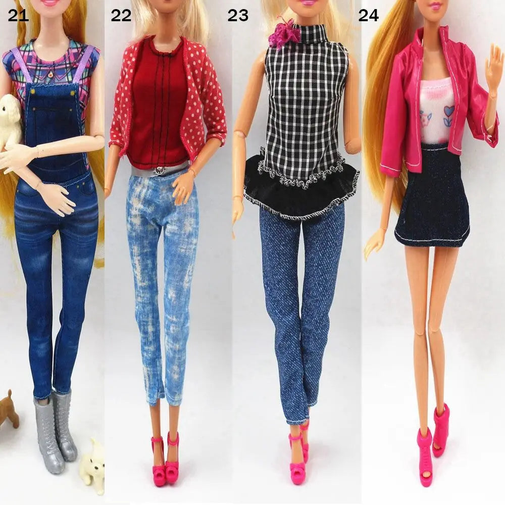 Four fashion dolls wearing different styles of denim and casual clothing outfits