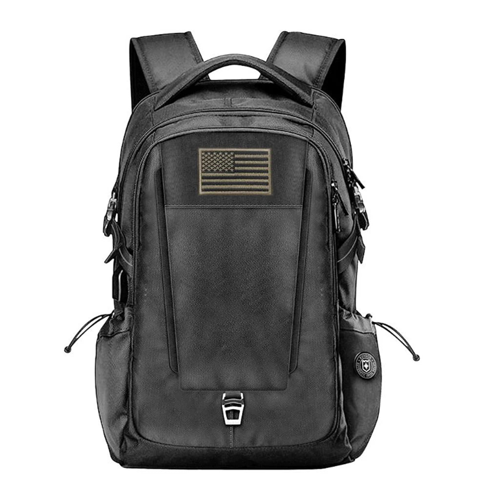 Black backpack with an embroidered American flag patch on the front pocket