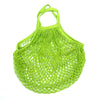 A bright lime green mesh produce bag with a drawstring top, made of organic cotton.