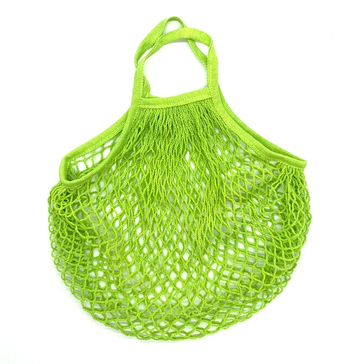 A bright lime green mesh produce bag with a drawstring top, made of organic cotton.