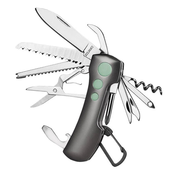 A compact multi-tool keychain knife with multiple blades and a green handle is shown.