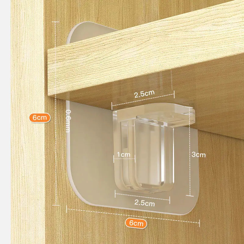 A set of adhesive shelf support pegs is shown mounted on a wooden panel with dimension lines indicating placement.