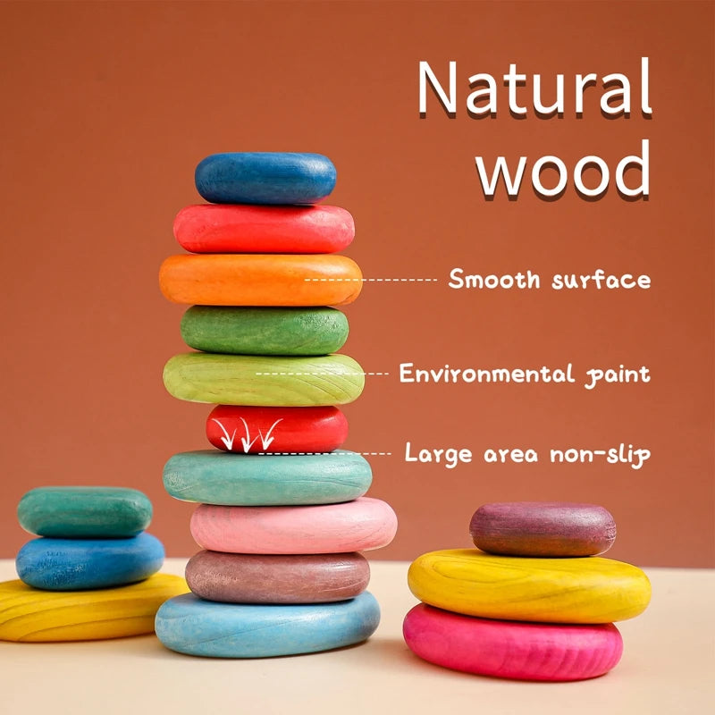 Wooden Rainbow Stacking Stones - Montessori Balancing Blocks for Kids